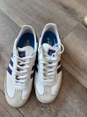 adidas samba White Sneakers with Purple Three-Stripes 8.5